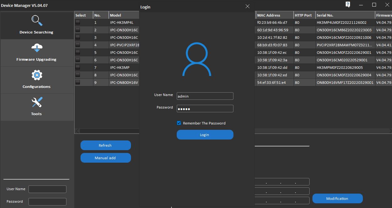 Device Manager: Log in to the camera