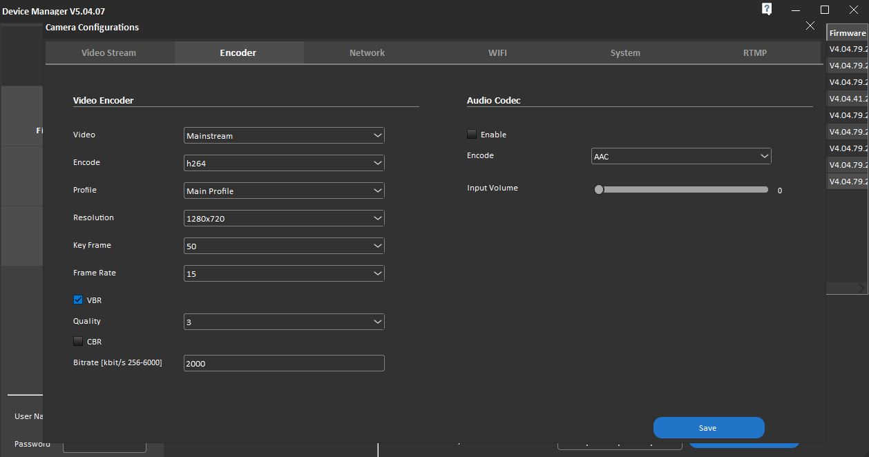 Device Manager: Configure the video stream